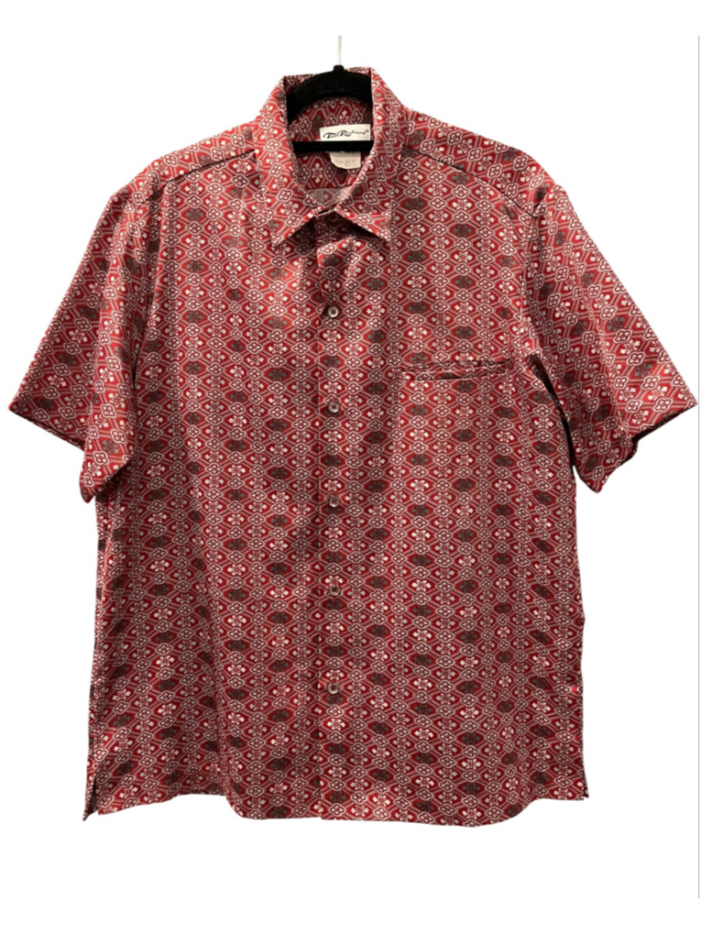 Vintage 70's Tori Richard Red Geometric Medallion Resort Shirt Size Large Pocket